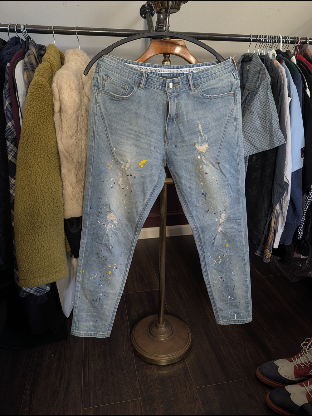 NUMBER (N)INE Distressed Slim Light Blue Paint-Splatter Denim Jeans 30"